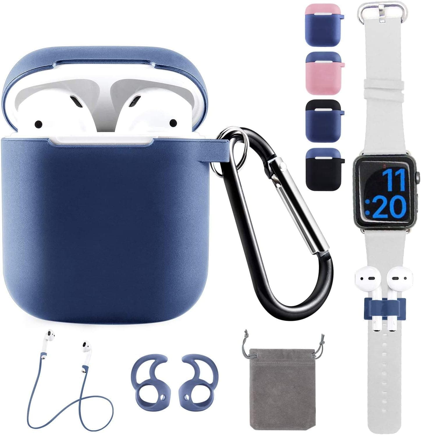 Airpods Case Sleeve, REOTECH Airpods Accessories Set Protective Silicone Skin Cover with Airpods Ear Hook, Watch Band Holder and Airpods Strap & Keychain 6 in 1 Kit for Apple AirPods1/2 Charging Blue