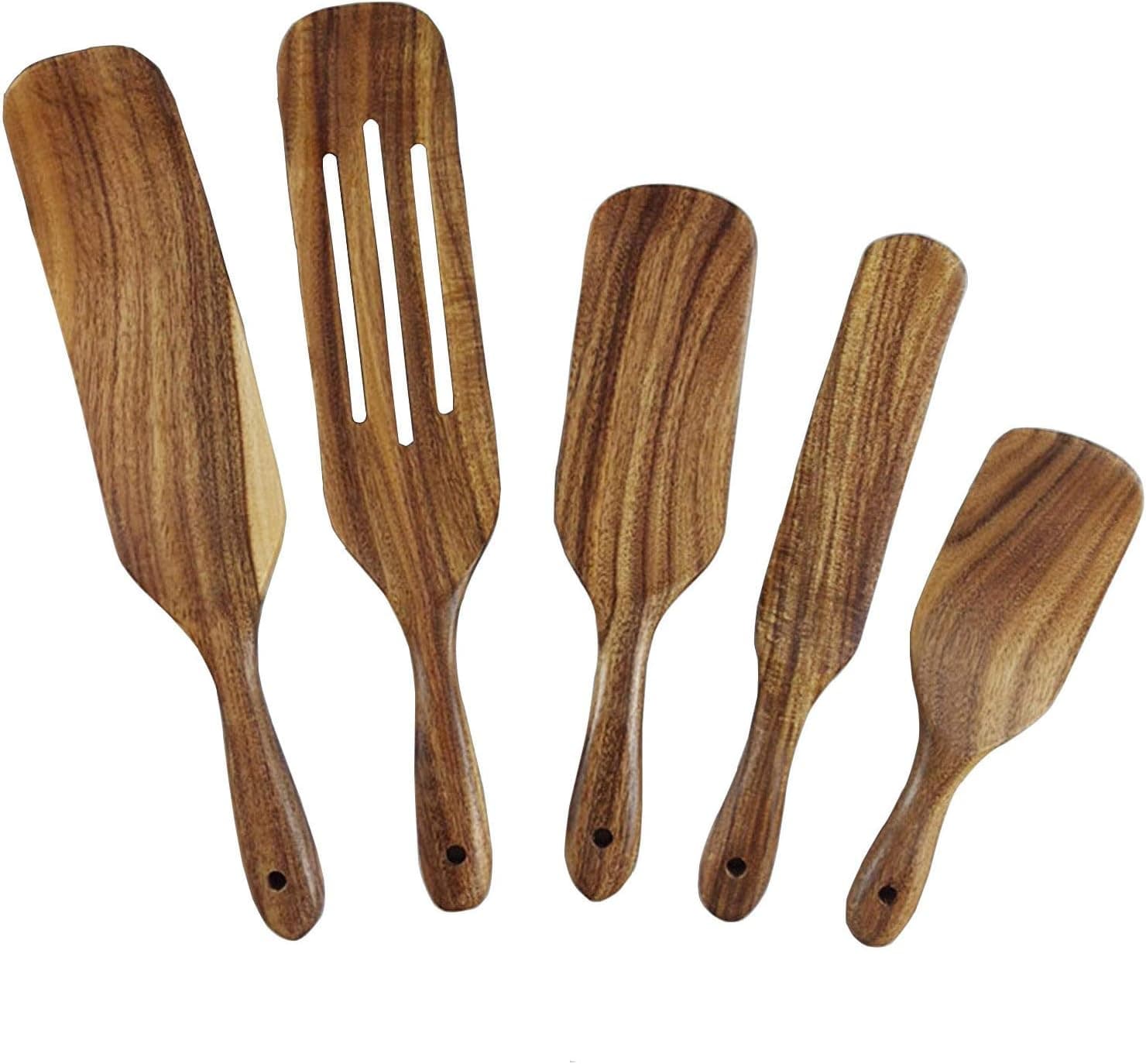 HonyQiShuo Wooden Spurtle Set,5 Pcs Natural Teak Kitchen Cooking Utensil Set Heat Resistant Non Stick Wood Cookware with Hanging Hole, Slotted Spurtle Spatula Sets for Stirring, Mixing, Serving