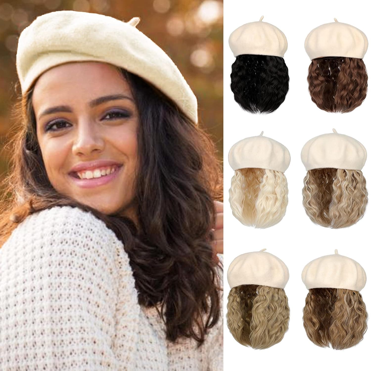AynnQueen Beret with Hair Extensions for Women Hat with Kinky Curly Synthetic Wig Attached 8 inch Long Curly Hair Apricot Beret (Bleach Blonde)