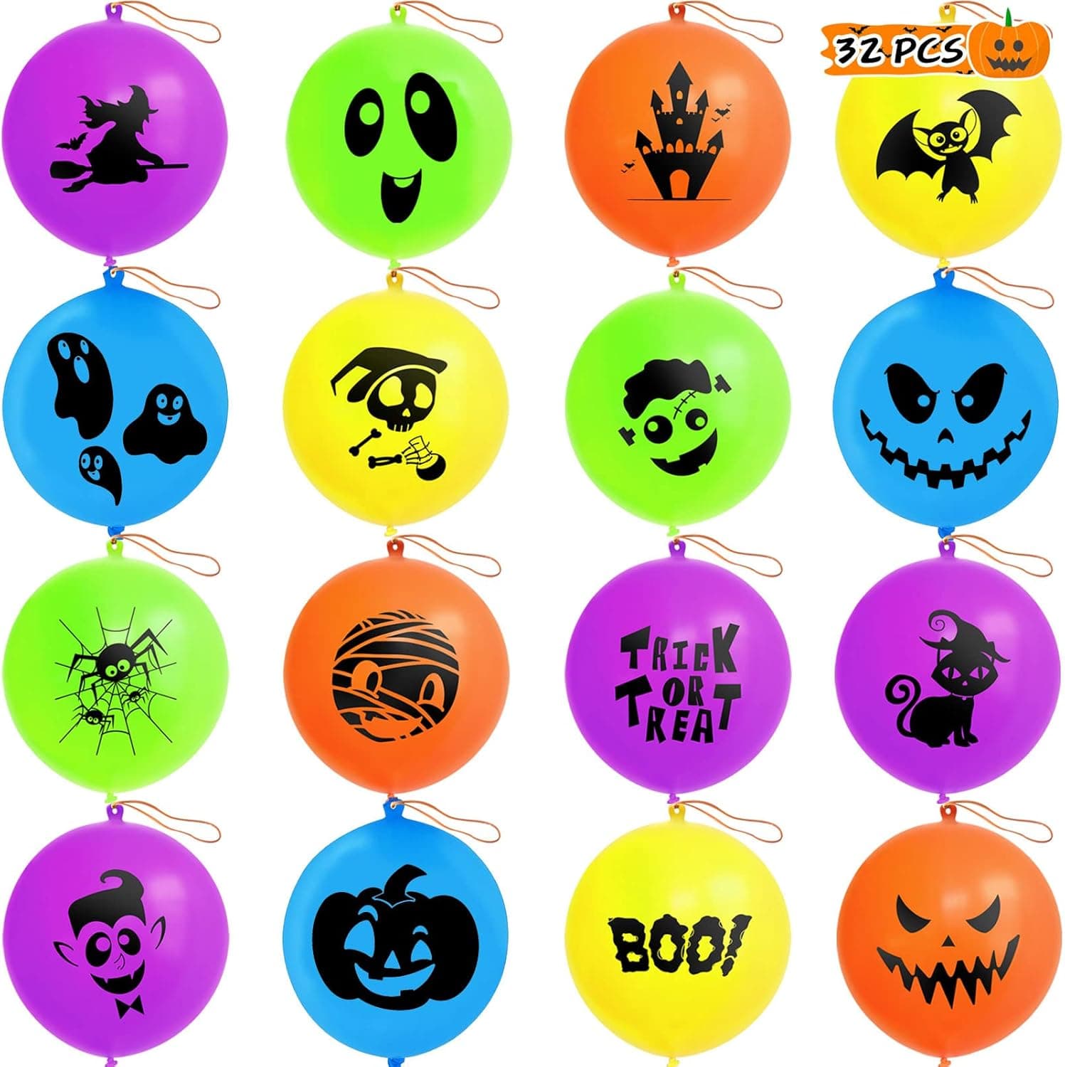 Halloween Punch Balloons for Kids Halloween Party Game Favor Supplies Decorations, 32 Pcs Halloween Balloons for Halloween Prize Punch Game Rewards, Trick or Treat Toys Gift, Halloween Classroom Game