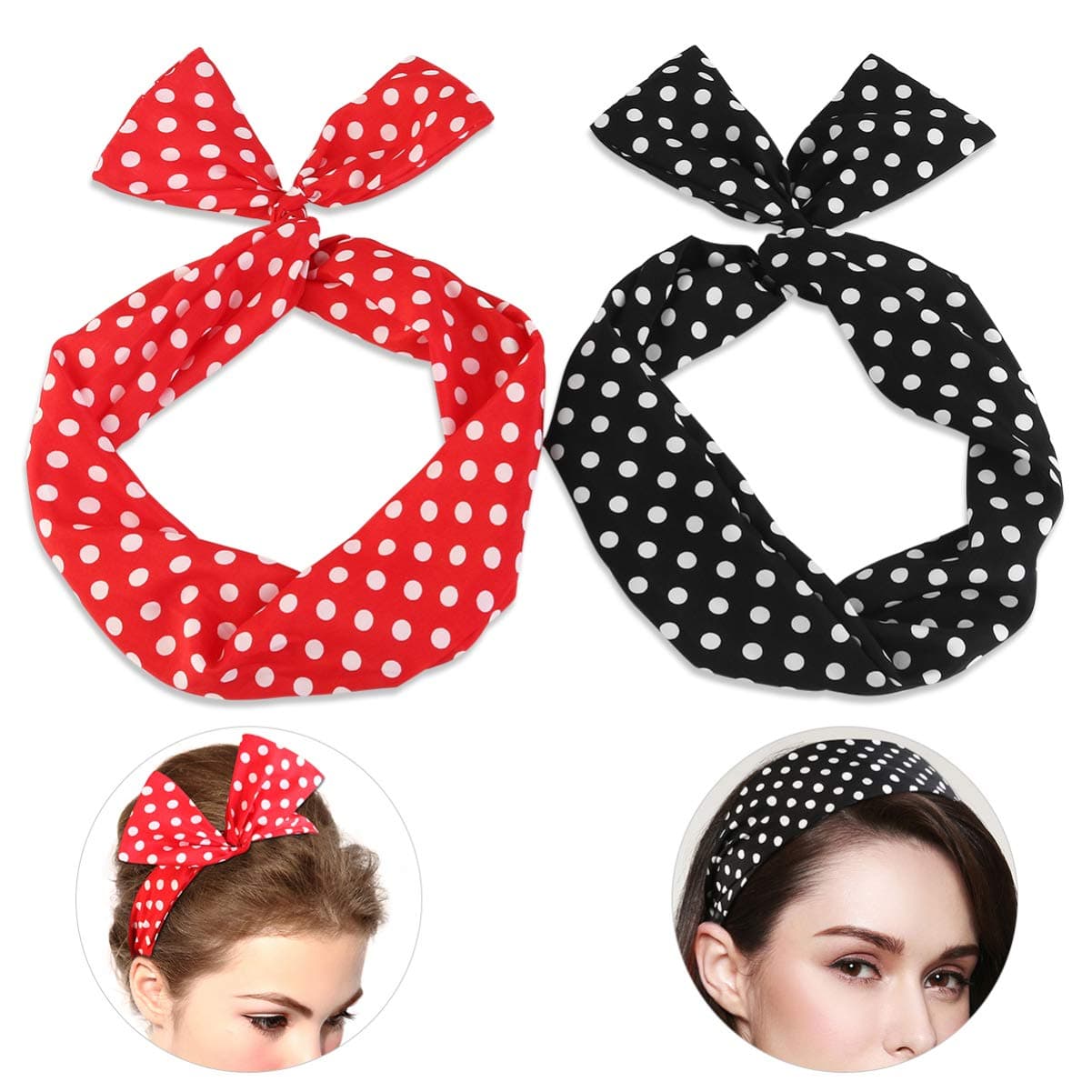 FRCOLOR 2pcs Polka Dot Headband, Wire Headband Retro Bowknot Women Headbands Hair Holders for Women Girls