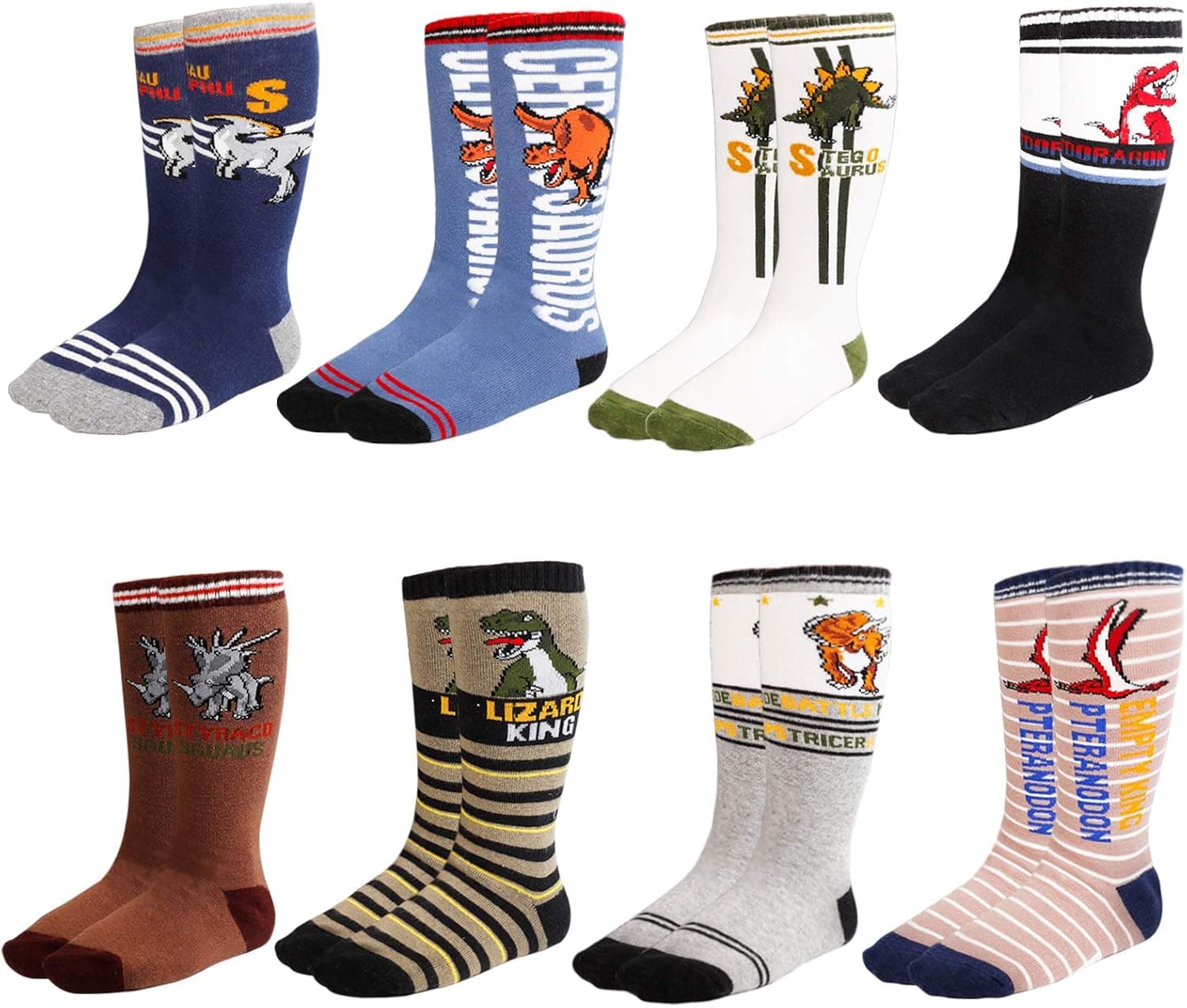 MpingT Knee High Crew Cotton Socks for boys (Dinosaur Pattern pack of 8)