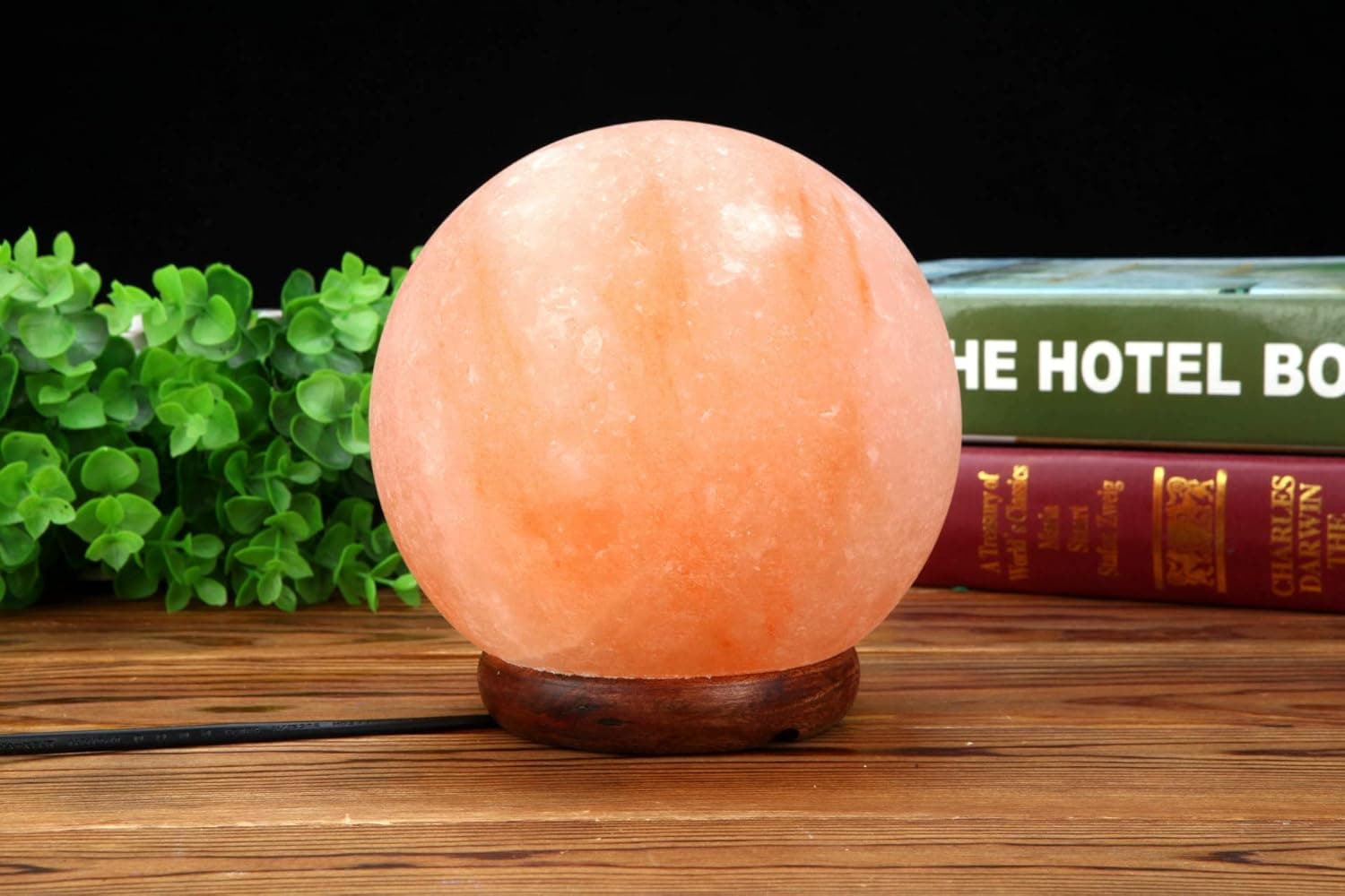 Himalayan Salt Lamp Natural Crystal Hymalain Rock Lamps for Decoration, Gifts, Home, Air Purifying, Office, Indoor & Outdoor Use, Dimmer Cord with Wood Base | Round Stone