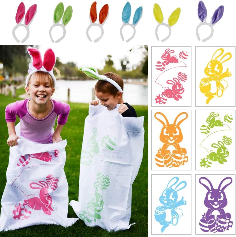 JOYIN 6 Potato Sack Race Jumping Bags 40 x 24 with Bunny Ears Headbands for All Ages Kids Easter Theme Party Favor, Easter Eggs Hunt Game Activities, Party Supplies, Party Games, Great Family Games.