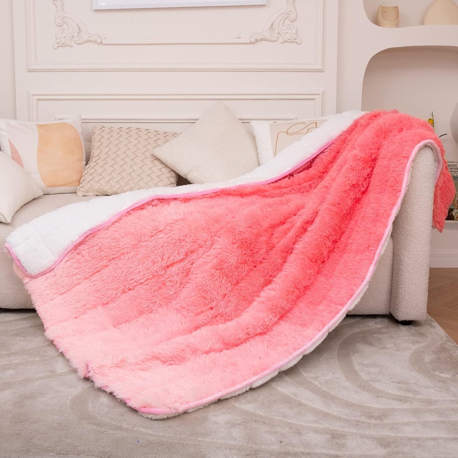 Yescool Faux Fur Weighted Blanket 48"x72" 15lbs,Fuzzy Cozy Shaggy Weighted Blanket Queen Size for Adult,Fluffy Sherpa Comfy Heavy Blanket for Women Men,Warm Soft Plush Pink Blanket for Couch Sofa Bed