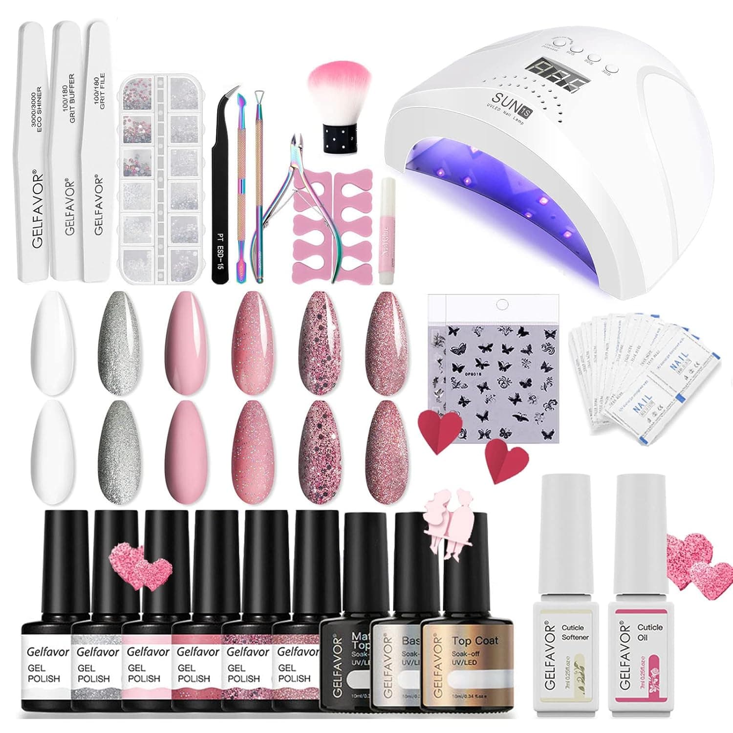 Gelfavor Gel Nail Polish Set with UV Light Starter Kit 6 Colors Pink White Glitter Silver Color Gel Polish Set with 48W UV LED Nail Lamp Gel Base Top Coat All-In-One Manicure Tool Kit Soak Off Gel Nail Set Holiday Celebration Gifts for Women DIY Manicure Nail Art