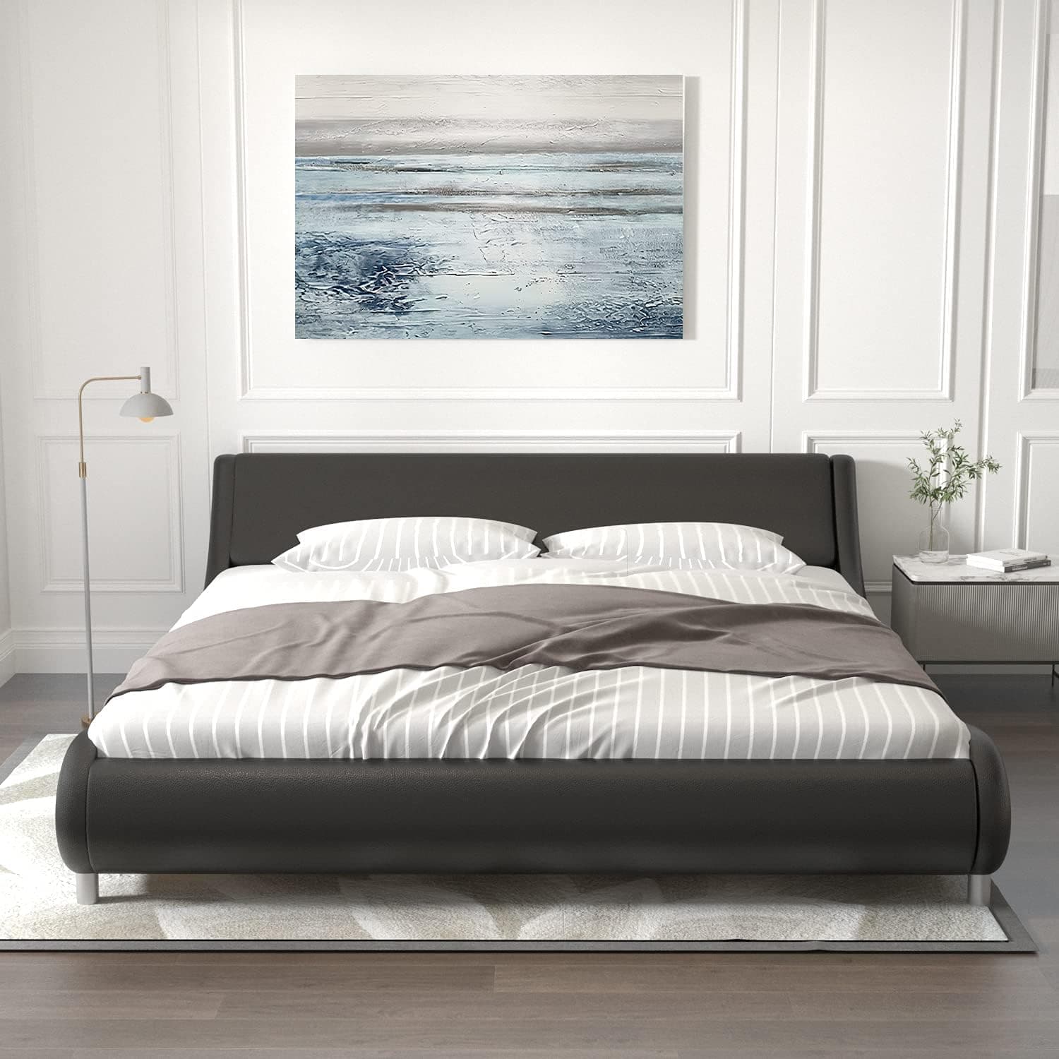 King Platform Upholstered Bed Frame with Curved Adjustable Headboard, Modern Faux Leather Deluxe Solid Bed Frames, Mattress Foundation with 12 Wood Slats Support, No Box Spring Needed (Black, King)