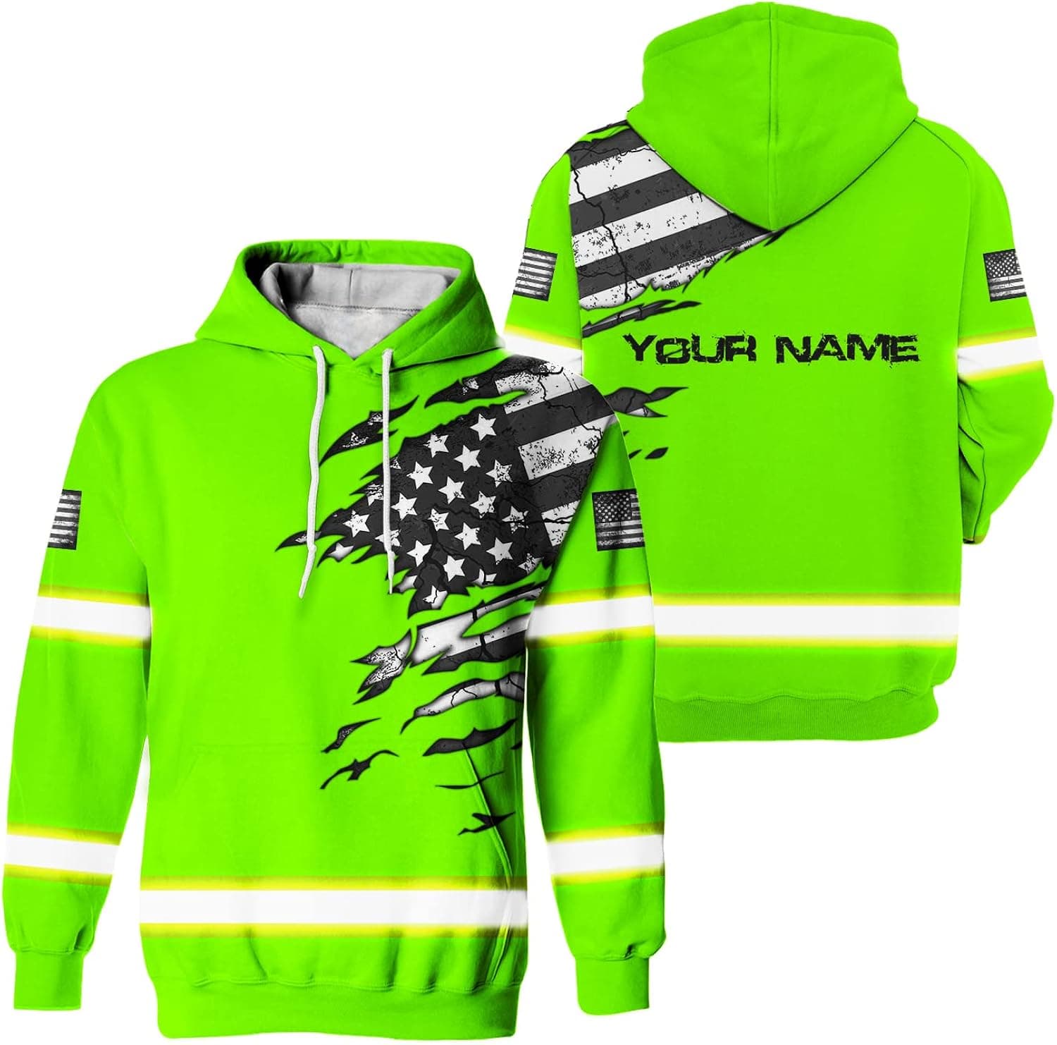 HiVis Custom American Grit Hoodie Class 3 US Flag Custom Name High Visibility Reflective Workwear Hoodie - 8 Sizes S to 5X