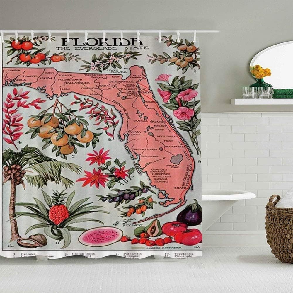 KR.LIF Shower Curtain Vintage Map Style Shower Curtain Florida Fruit Flower Map Durable Waterproof Fabric Bath Curtains Accessory with Hooks 72 x 72 Inch