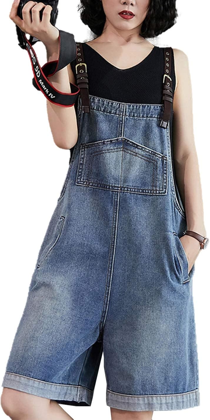 Flygo Womens Casual Baggy Distressed Denim Jean Overall Shorts Roll up Cuffs (Large, 02 Blue)