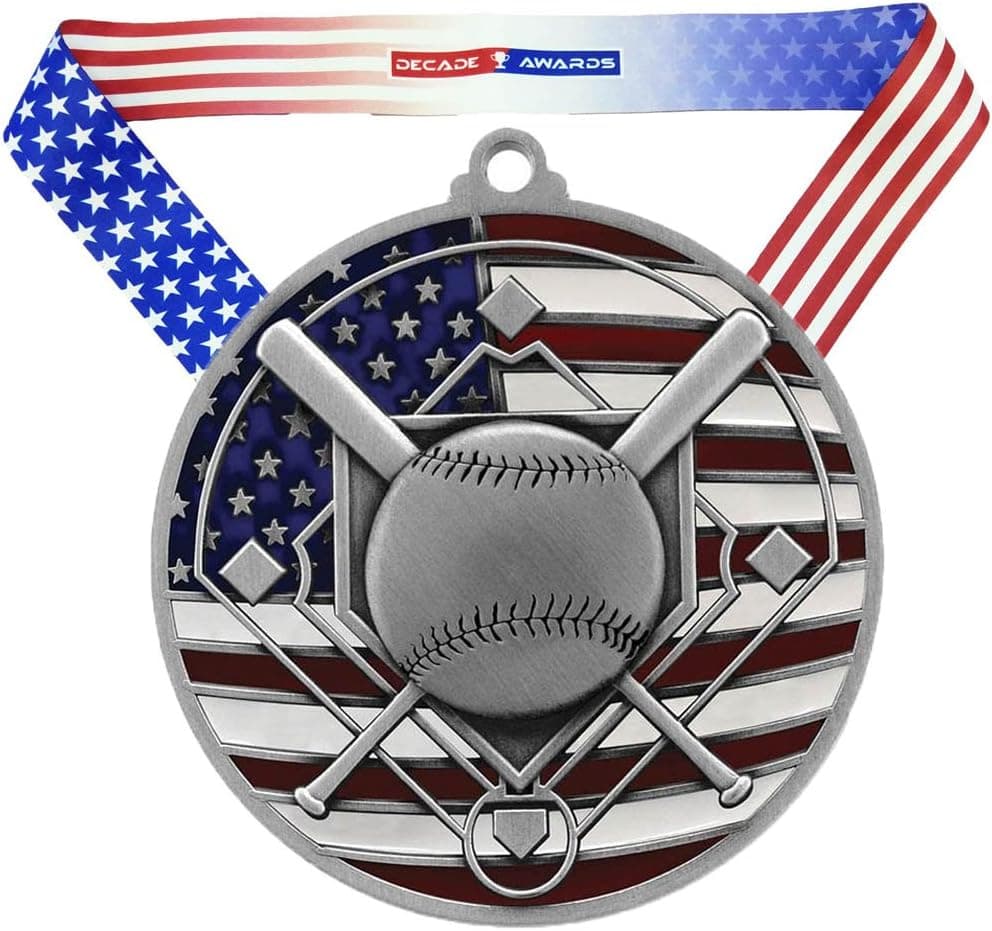 Decade Awards Baseball Patriotic Medal - 2.75 Inch Wide Baseball Medallion with Stars and Stripes American Flag V Neck Ribbon