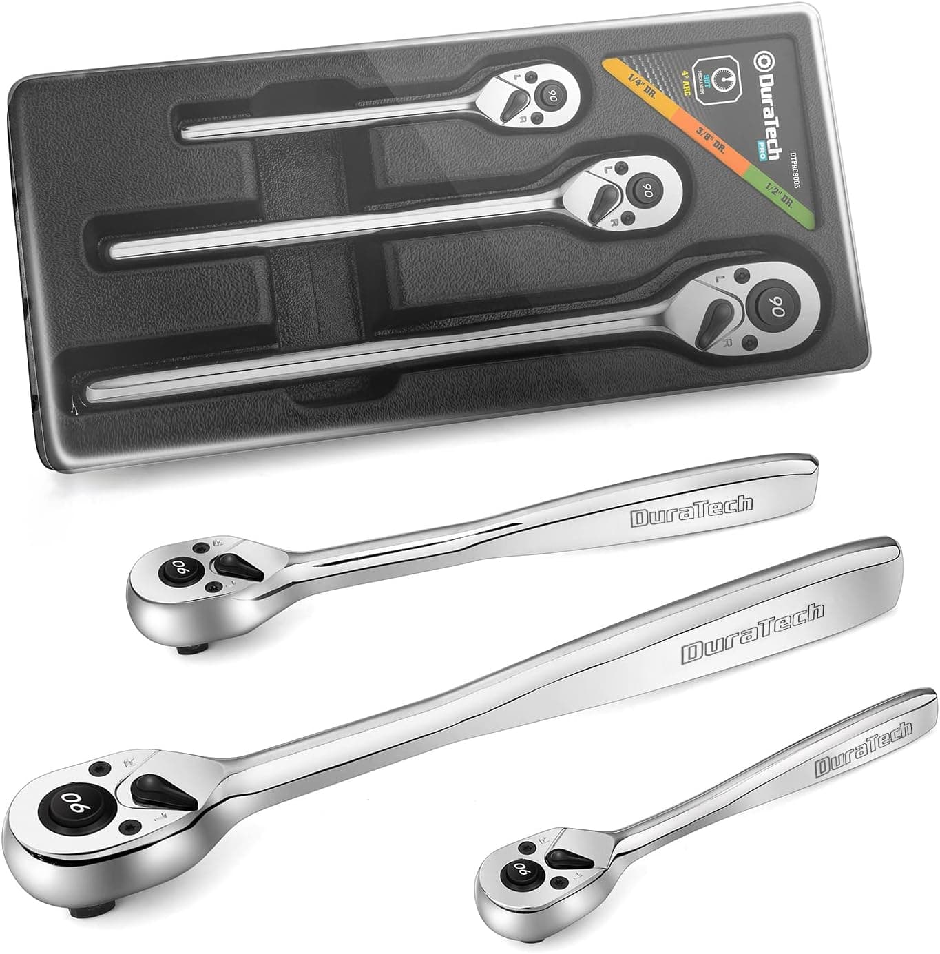 DURATECH 3-Piece Ratchet Set, 1/4", 3/8", 1/2" Drive, 90-Tooth, Quick-release, Contour Handle Designed for Better Grip, Alloy Steel, Organized in Plastic Tray