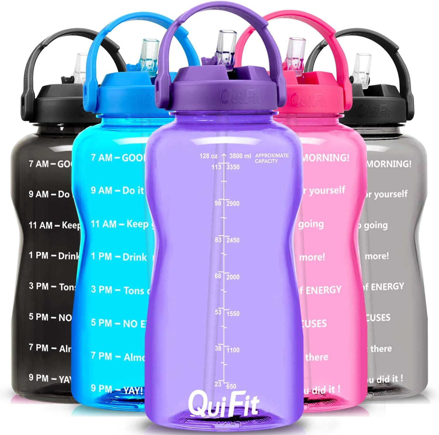 QuiFit Motivational Gallon Water Bottle - with Straw & Time Marker BPA Free 128 oz Large Water Jug Leak-Proof Durable for Fitness Outdoor Enthusiasts(Purple,1 Gallon)