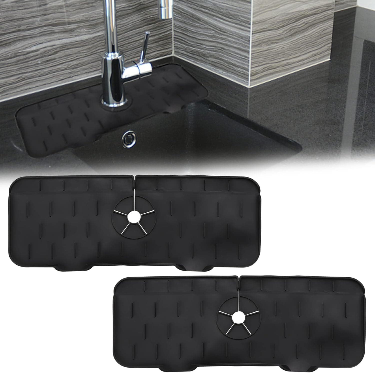 2Pcs Kitchen Faucet Sink Splash Guard, Silicone Faucet Water Catcher Mat, Sink Draining Pad Behind Faucet for Kitchen Bathroom Countertop (Black)