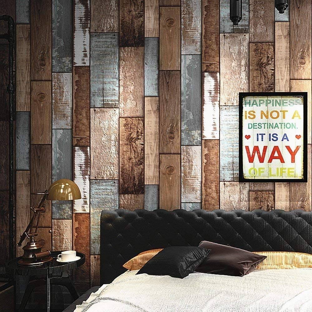 Blooming Wall Peel and Stick Blue Multicolor Wood Panel Wood Plank Wallpaper Roll Wallcoverings for Walls for Livingroom Kitchen Bedroom,48 Square Ft per roll