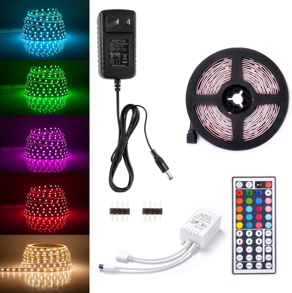 Sunix 6.6ft 5050 LED Strip Lights Kit, RGB Colour Changing LED Flexible Strip + DC12V Power Adapter + 44-Key Remote, Non-Waterproof, Mood Decoration Lighting