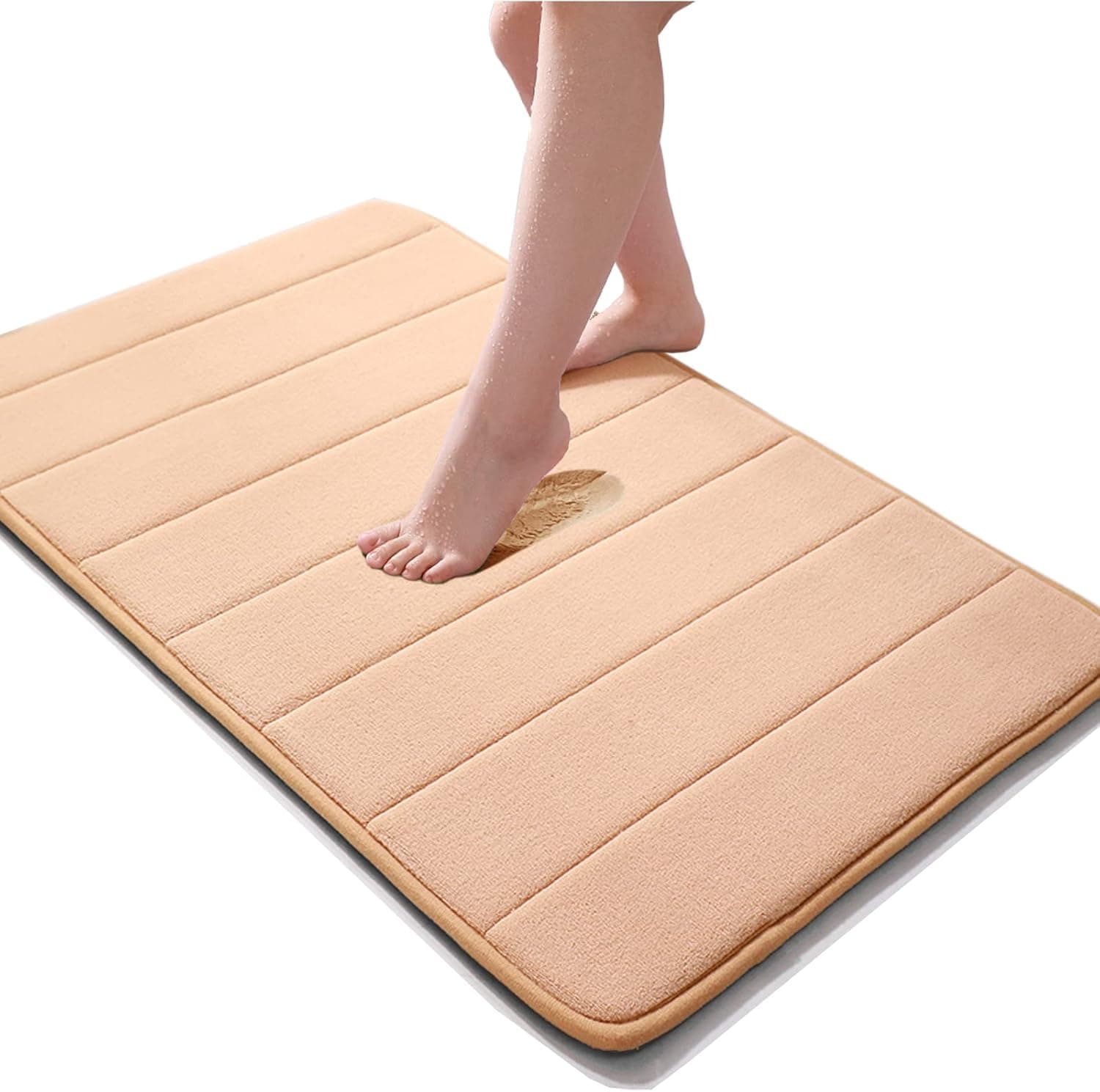 JMTOOR Memory Foam Bath Mat 17" X 24" Coral Velvet Super Non-Slip Rapid Water Absorption Soft and Comfortable Easier to Dry Machine Wash Bathroom Mat, Beige