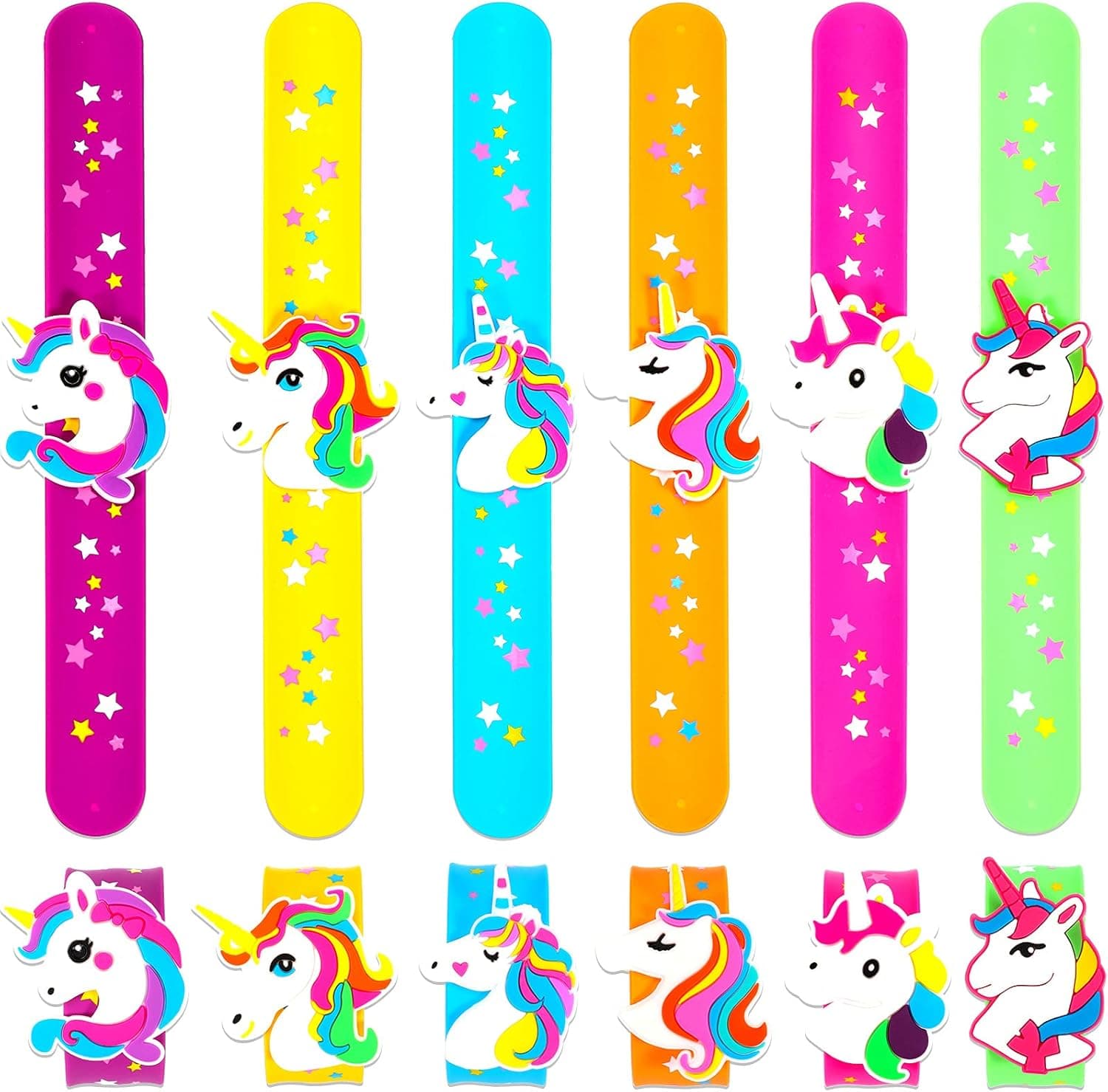 12 Pieces Unicorn Slap Bracelets, Colorful Star Slap Silicone Snap Bracelet Set Silicone Unicorn Wristband for Kids Girls Boys Birthday Party Supplies Favors, Goodie Bag Fillers