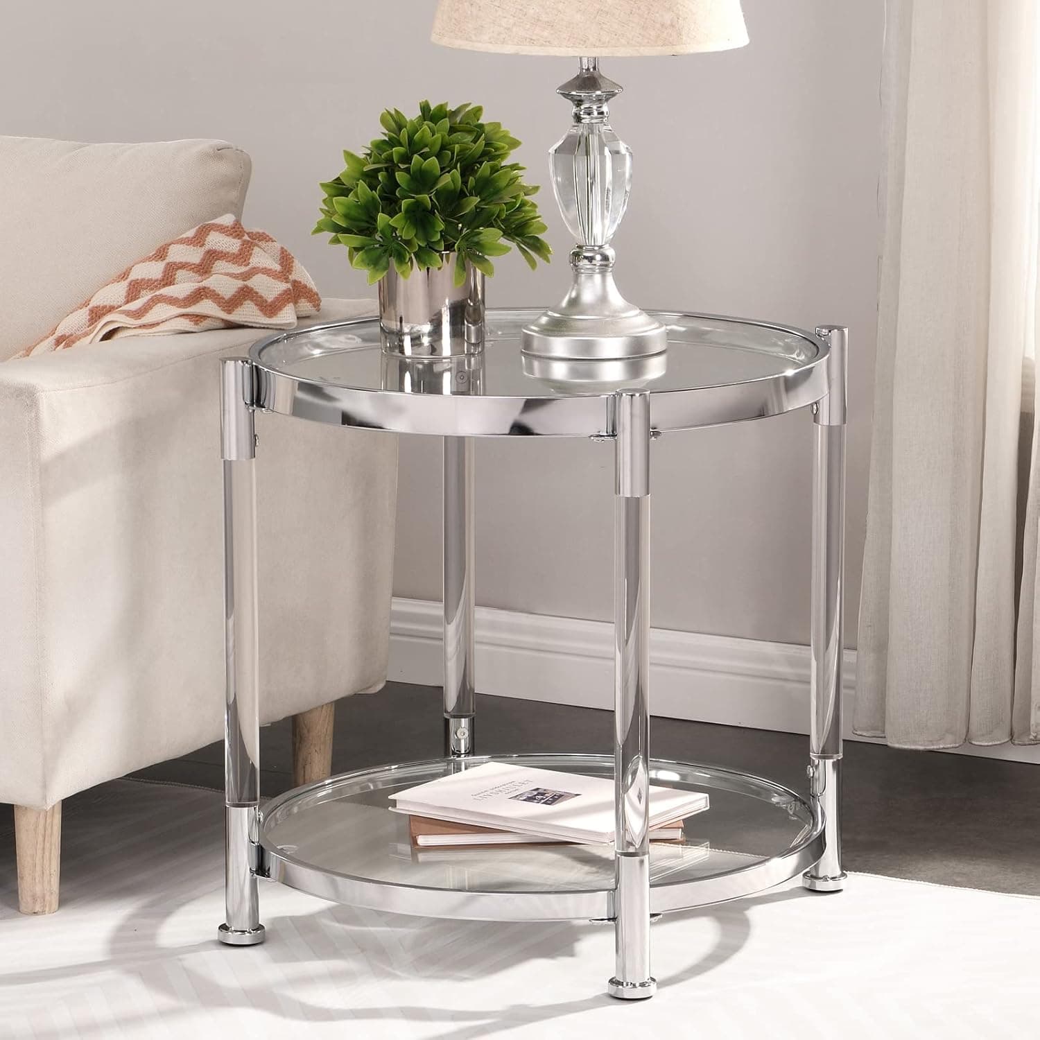 HomVent Round End Table w/Glass Top and Low Shelf,Side Table,Glass End Tables NightStand, Bedside Tables Contemporary Chrome Couch Small Night Stand,Clear Coffee Table for Living Room, Study, Bedroom