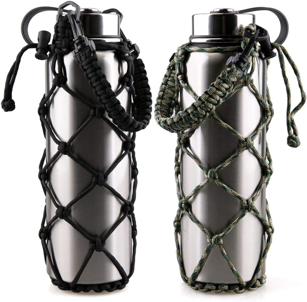VSPORTS Paracord Net Bag Carrying Water Bottle Carrier Sling Sleeve Pouch with Handle for Hydro Flask Tumbler 18 24 32 40 oz Stainless Steel Plastic Insulated Bottle Holder Hang on Bag - 2 Pack