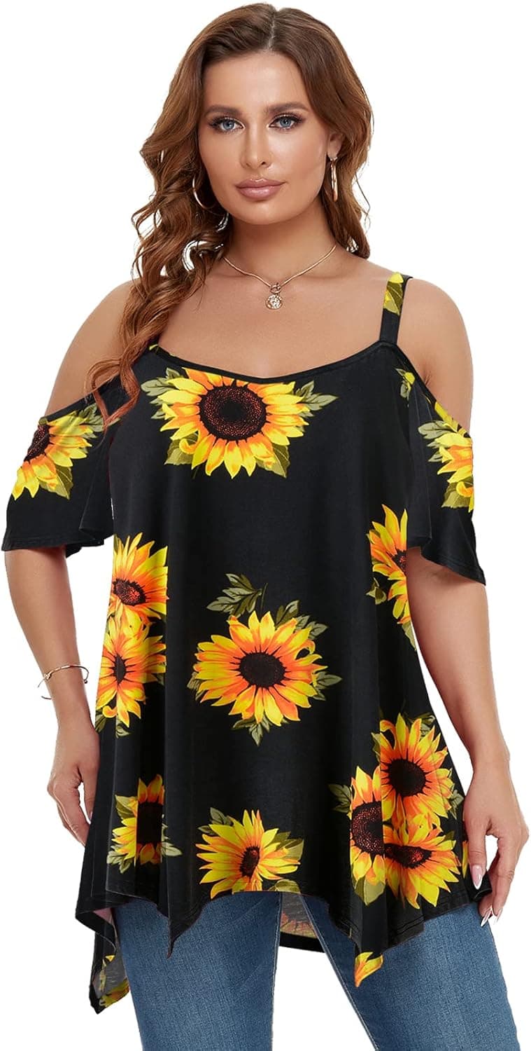 LARACE Cold Shoulder Tops For Womens Summer Clothes Spaghetti Strape Tunic Oversized Shirts Asymmetrical Plus Size Blouse