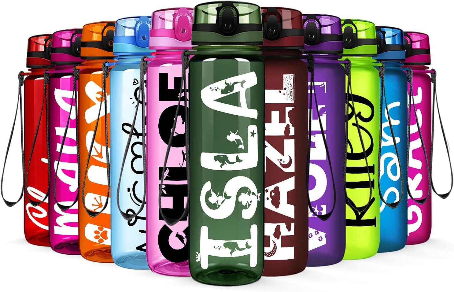 Personalized Girls Water Bottle Army Green Gloss 32 oz Motivational Fitness Sports with Time Marker Wide Mouth Leakproof Tritan BPA Free Drink Water Daily for Fitness