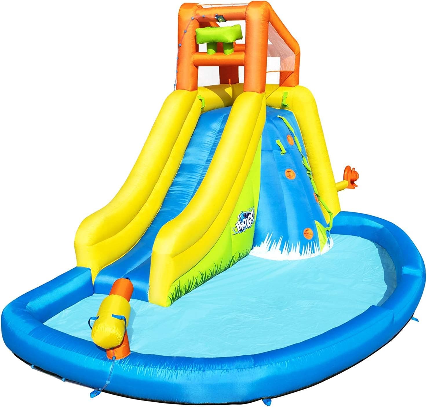 Bestway H2OGO! Mount Splashmore Kids Inflatable Outdoor Backyard Water Slide Splash Mega Park Toy w/Climbing Wall, Slide, Splash Zone, & Spray Blaster.