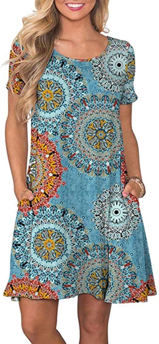 Womens Summer Floral Printed T Shirt Dress Casual Short Sleeve Swing Tunic Dress with Pockets Peacock Blue, XX-Large