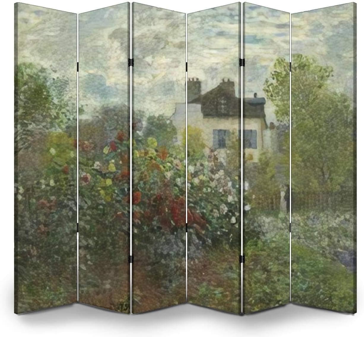 Wood Screen Room Divider The Artist's Garden in Argenteuil by Claude Monet 1873 French Folding Screen Canvas Privacy Partition Panels Dual-Sided Wall Divider Indoor Display Shelves 6 Panels
