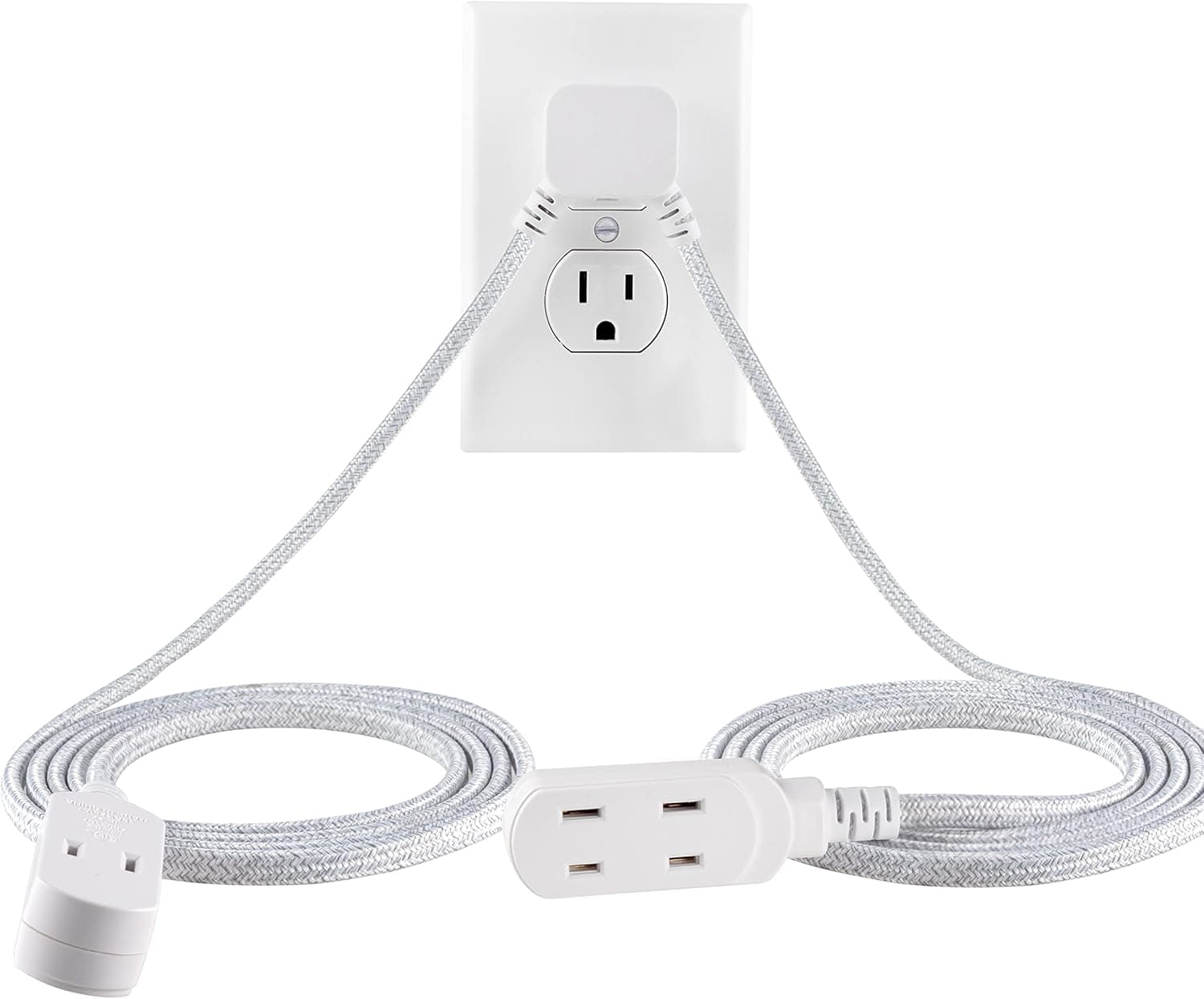 Cordinate Twin 3-Outlet Extension Cord, 12 Ft Braided Cord,2 Prong Power Strip, Slide-to-Lock Safety, Low-Profile Flat Plug, Polarized, Indoor, 2-in-1 Sofa Cord, ETL Listed, White, 67091