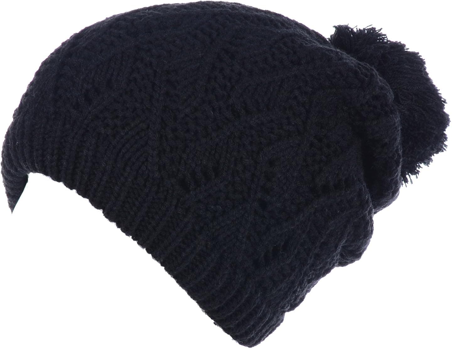 BYOS Womens Winter Cute Warm Plush Fleece Lined Leafy Knitted Beret Beanie Hat with Pom,Slouchy Relaxed Fit