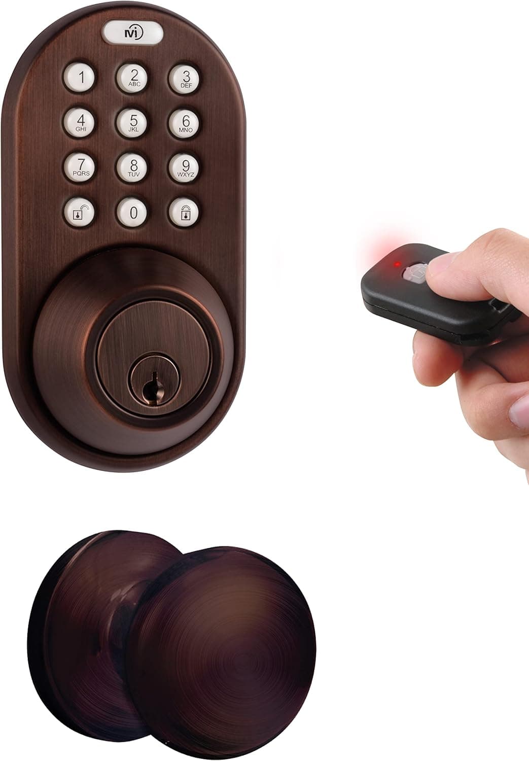 MiLocks XFK-02OB Digital Deadbolt Door Lock and Passage Knob Combo with Keyless Entry via Remote Control and Keypad Code for Exterior Doors, Oil Rubbed Bronze