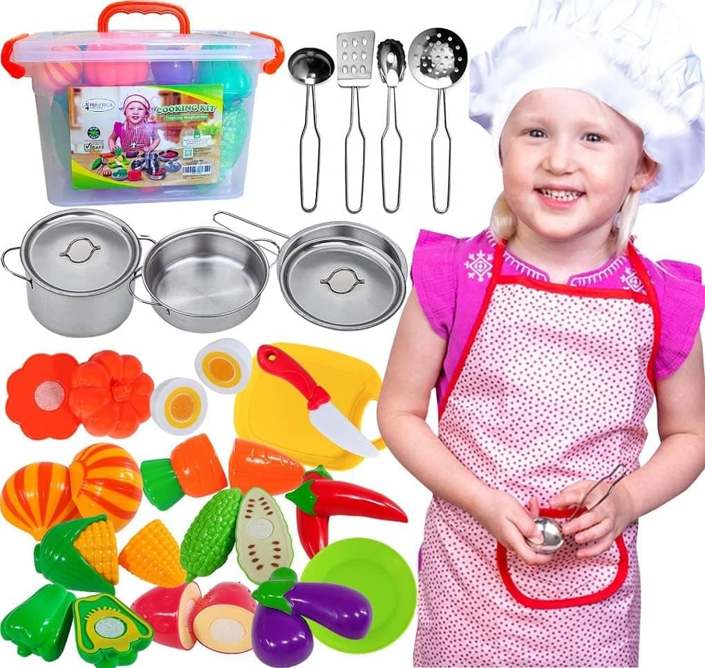 FUNERICA Toddler Kitchen Accessories Playset with Cutting Food Vegetables and Stainless-Steel Play Pots - Pretend Kids Cooking Utensils - Apron & Chef Hat - Toy Knife & Cutting Board for Girls & Boys