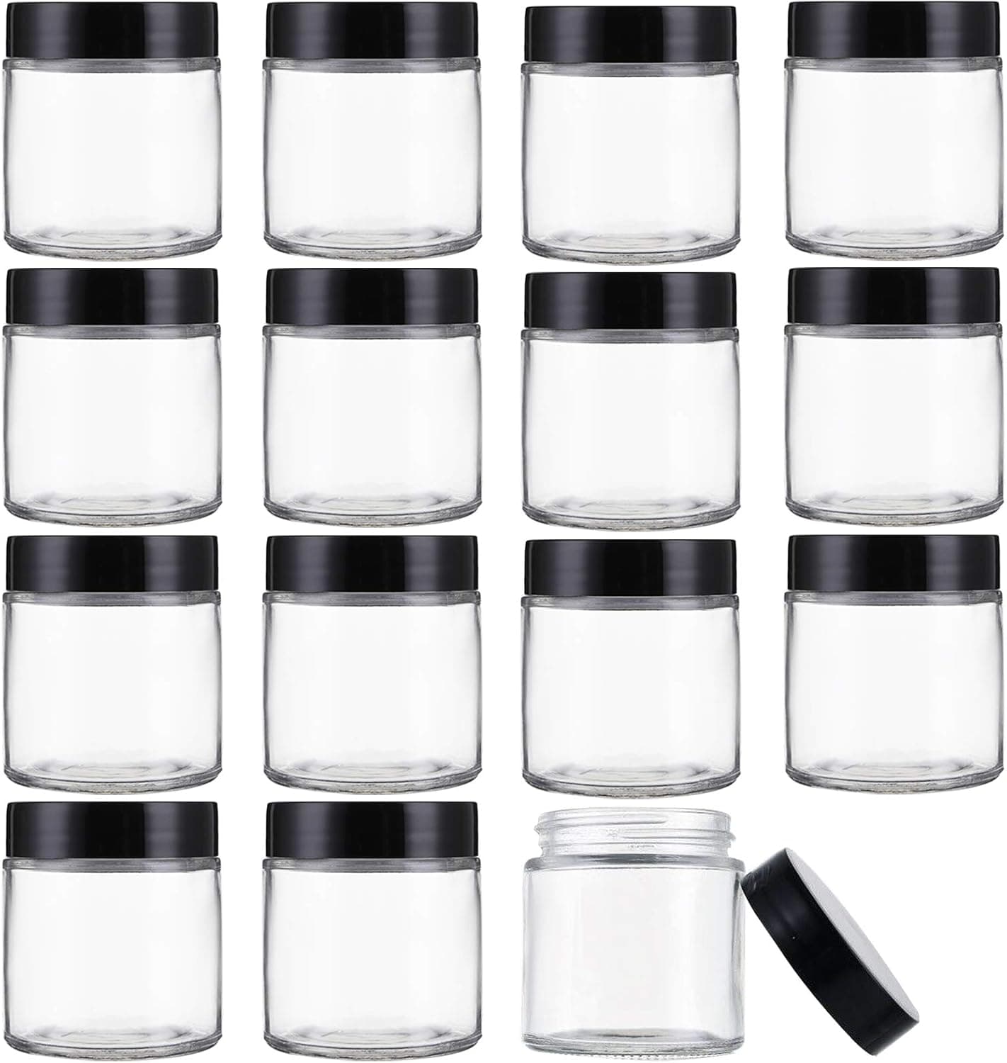Bekith 15 Pack 4OZ Glass Jars with Black Plastic Lids and White Inner Liner, Small Round Canning Storage Jars Containers for Storing Lotions, Powders, Ointments, Scrubs