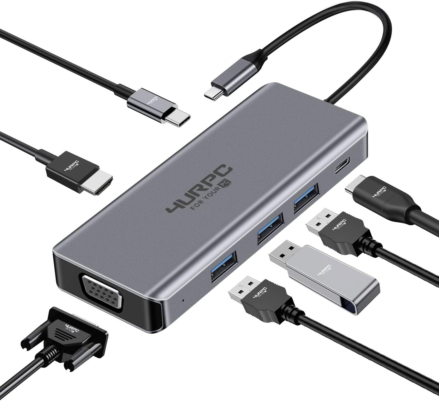 USB C Hub HDMI Adapter, 8-in-1 USB C Adapter with 4K HDMI, 3 USB 3.0, 100W PD, VGA and Audio, USB C Multiport Adapter Hub for MacBook Pro 2019/2018/2017, MacBook Air, Dell XPS More USB Type C Devices