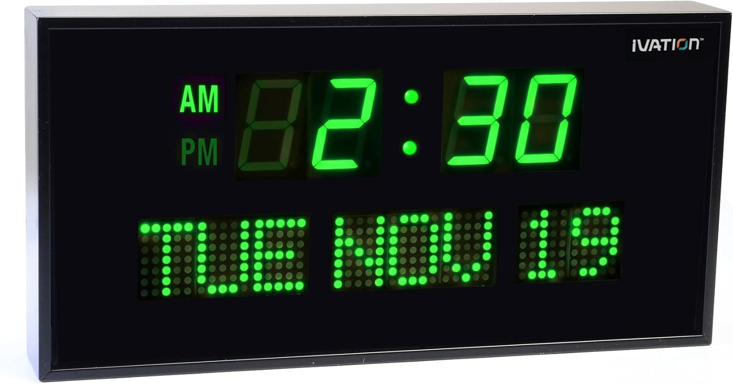 Ivation JID0222GRN Big Oversized Digital GreenLED Calendar Clock with Day and Date (Green)