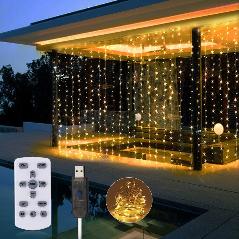 3x9.8Ft 300 LED Window Curtain String Light, Fairy String Lights Dimmable with Remote String Lights Waterproof Led Curtain Lights for Christmas Indoor&Outdoor Wedding Parties Wall(Warm White)