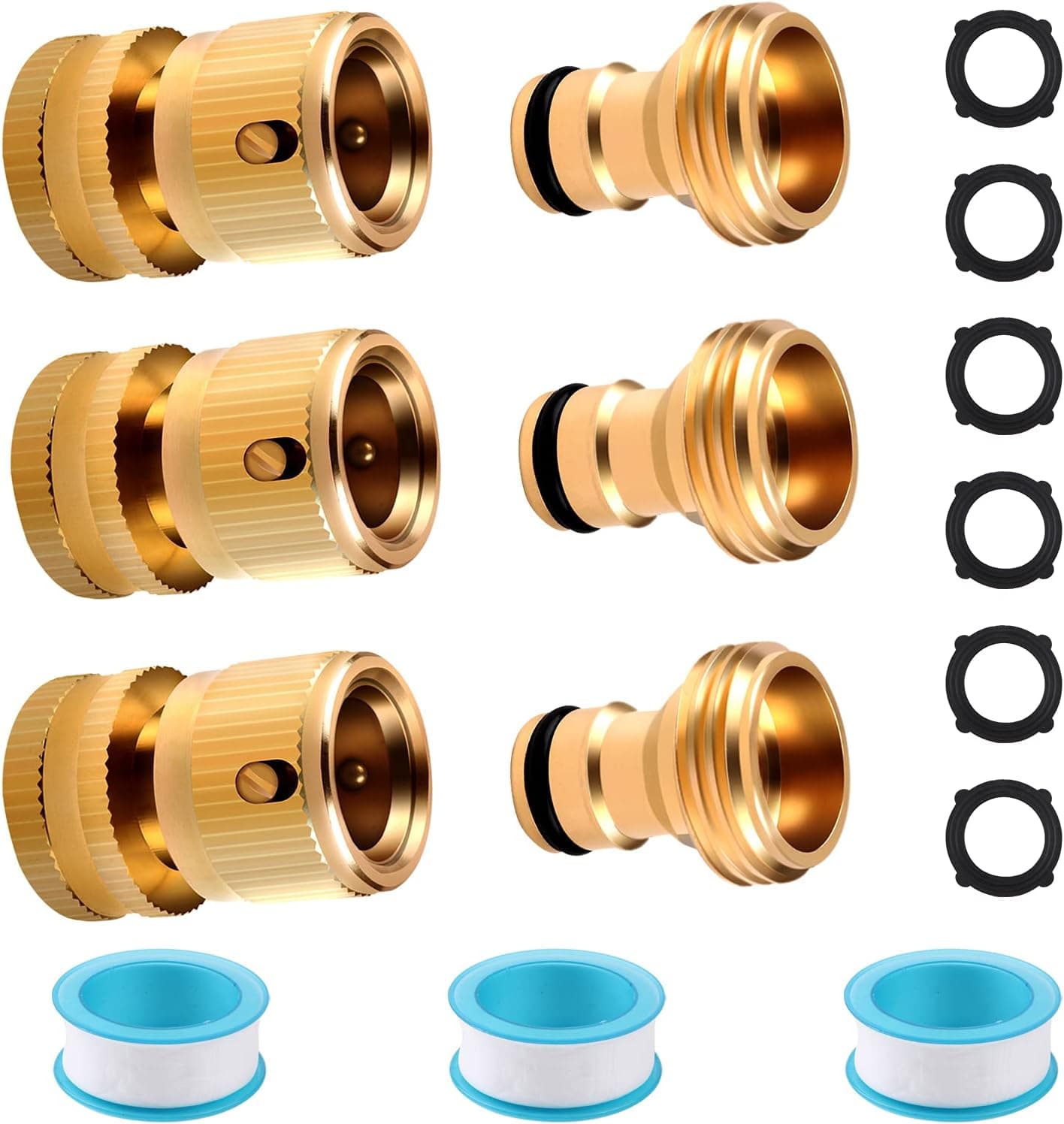 Jeeker Garden Hose Quick Connectors, Solid Brass Hose Repair Kit, 3/4 inch GHT, Leak-Free Quick Connect Garden Hose Fittings (3Sets)(3Female+3Male), Multi