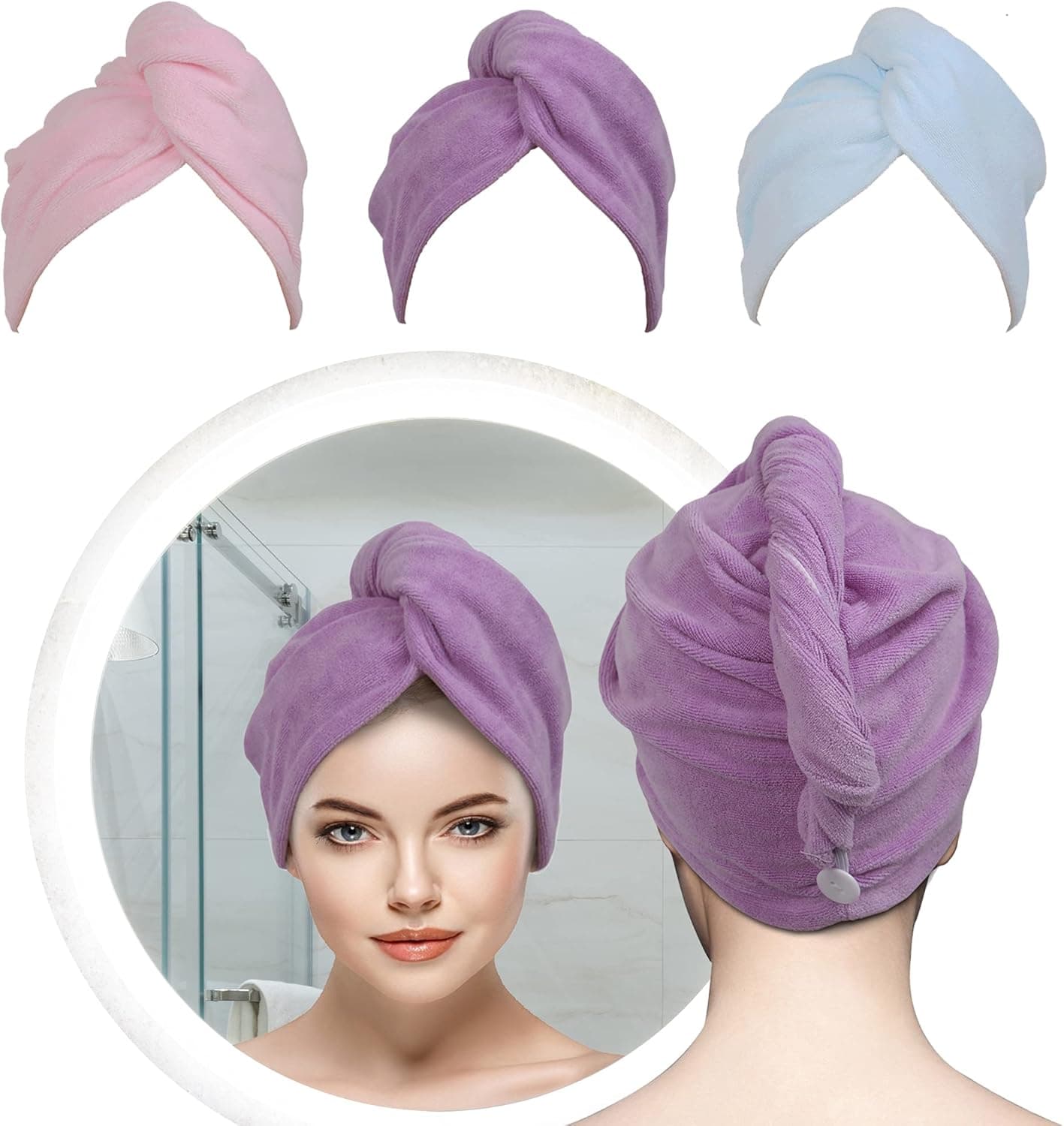 Hair Towel Wrap - Microfiber Hair Towel, Fast Drying Hair Turban Towel for Women, Ideal for Anti Frizz and Curly Hair, Absorbent Micro Fiber Bathing Hair Cap for Wet Hair, 3-Color Pack
