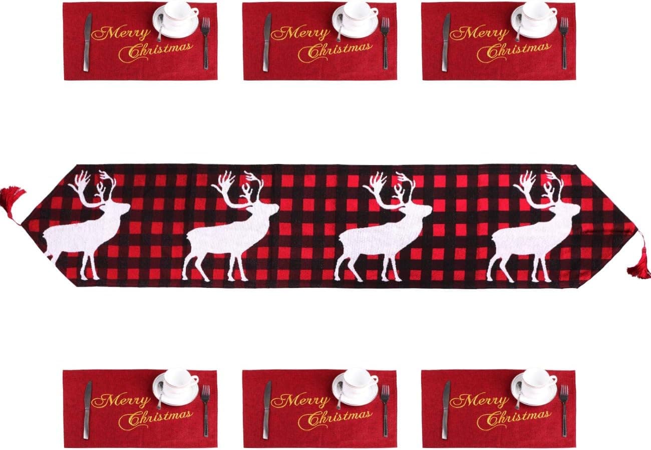 JaosWish Christmas Table Runner 72 inch with 6PCS Christmas Placemats Cotton Burlap Red Plaid Embroidered Moose Christmas Table Kits