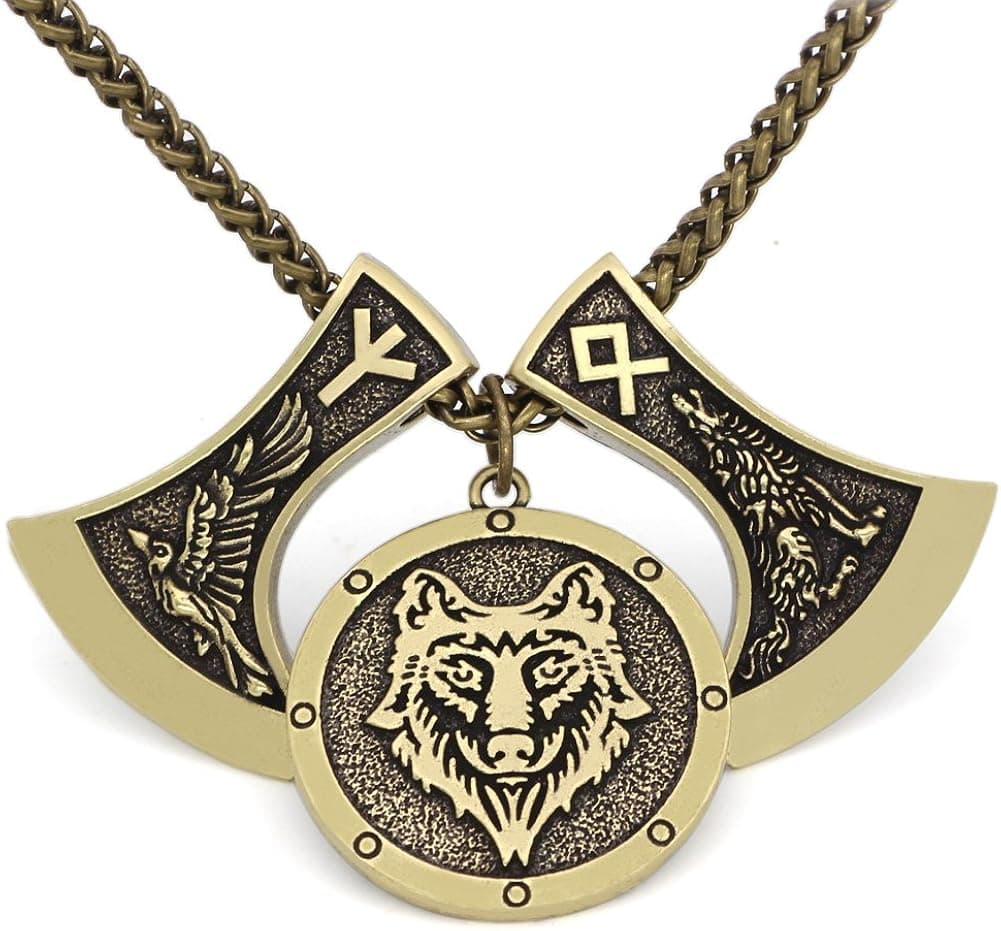 GuoShuang Men viking nordic odin's wolf and raven rune pendant necklace