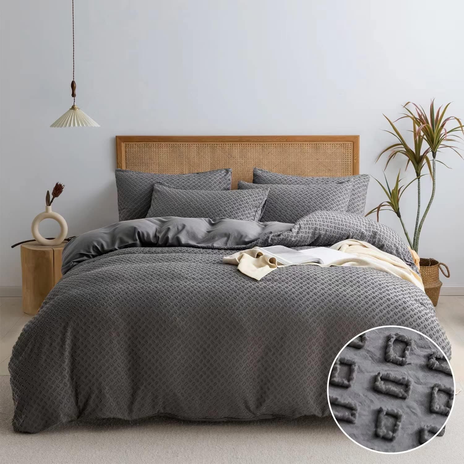 JELLYMONI Gray Duvet Cover King Size - Soft Microfiber Queen Duvet Cover Set with Zipper Closure & Corner Ties, 3 Pieces Rectangle Embroidery Tufted Bedding Set for All Seasons (No Comforter)