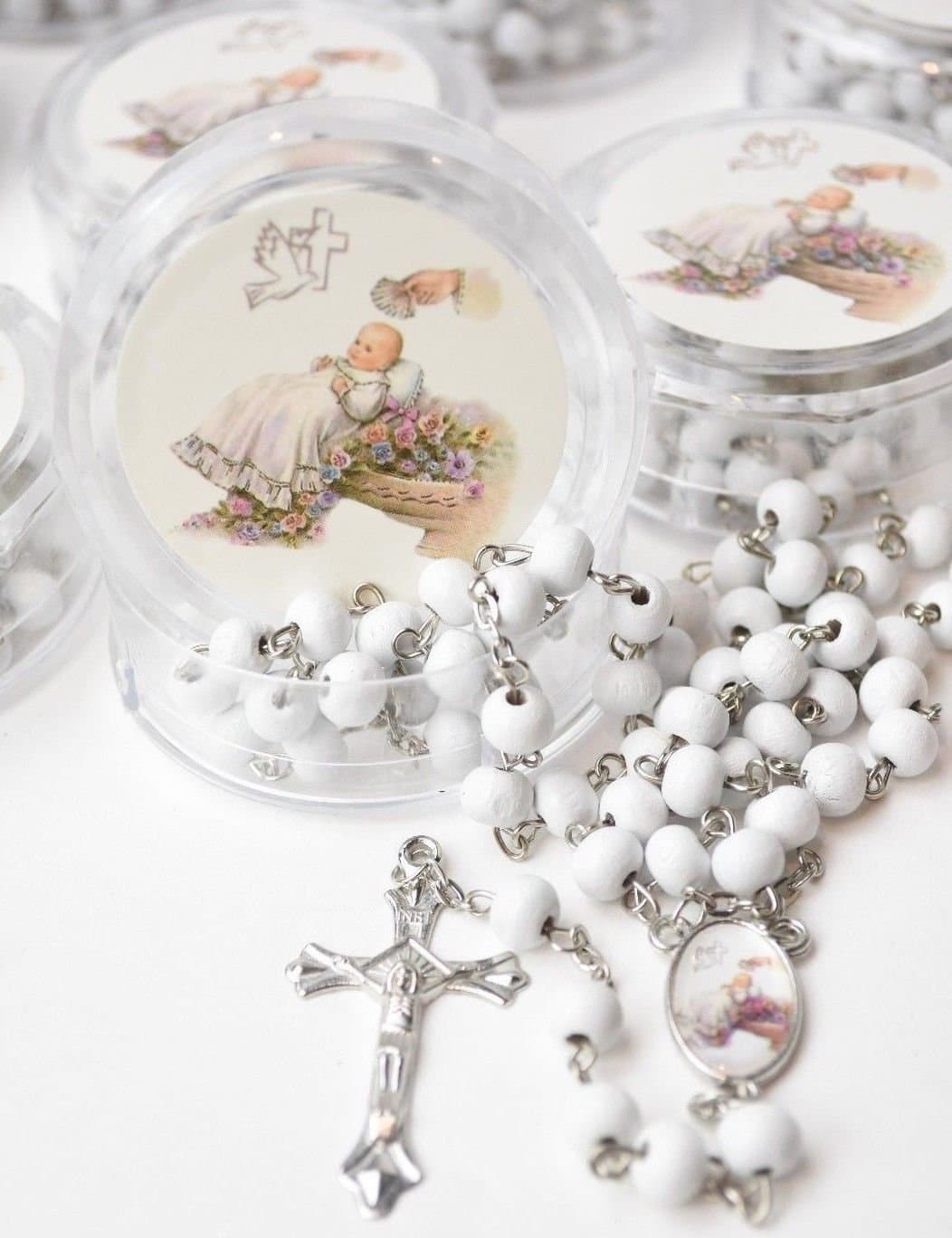 12 pcs White Scented Wooden Rosaries Baby Baptism Party Favors Recuerdos Rosario With Case