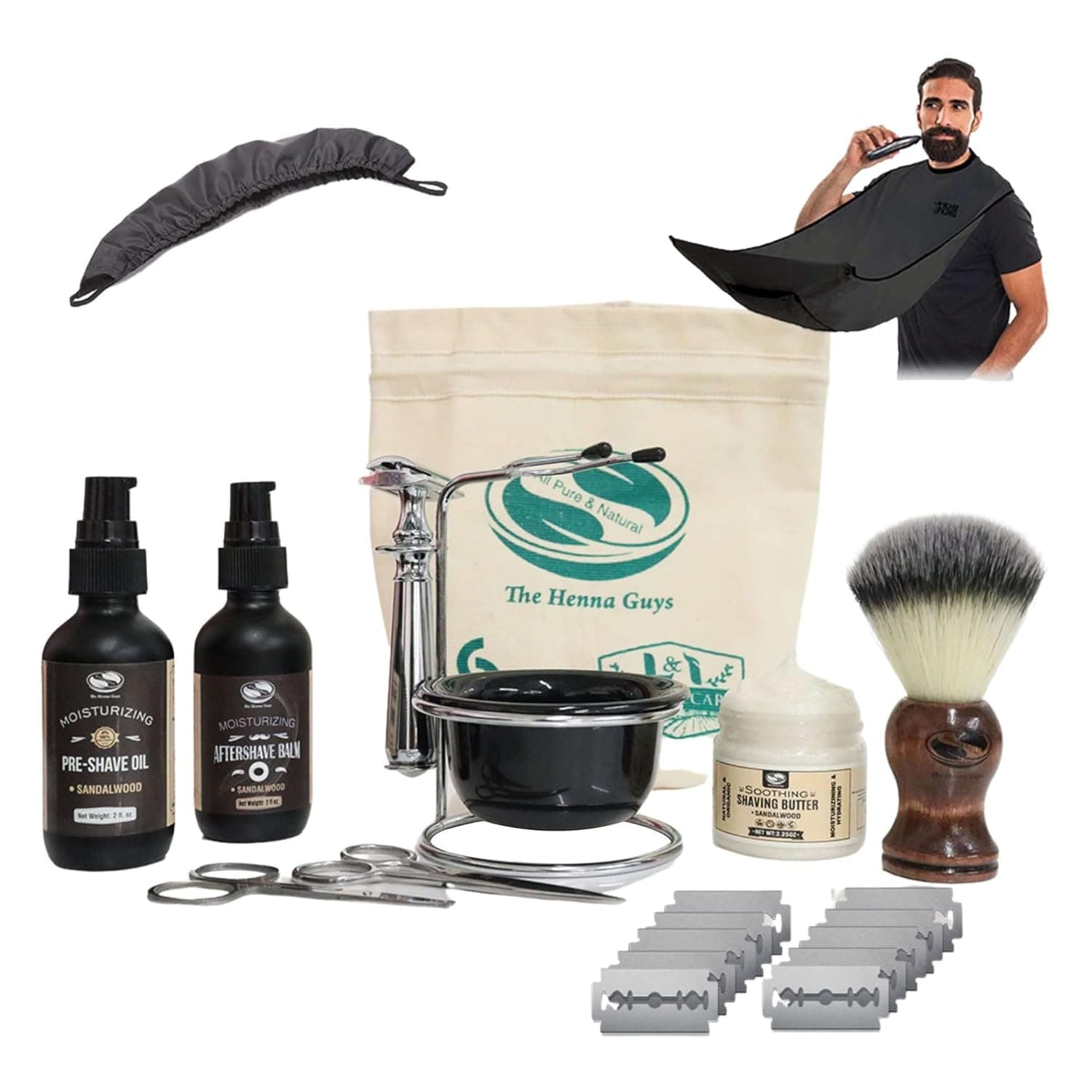 Sandalwood Shaving Kits For Men - Includes Shaving Butter, Pre Shave Oil, Aftershave Balm & Shaving Brush, Shaving Kit For Sensitive Skin - Gifts For Him