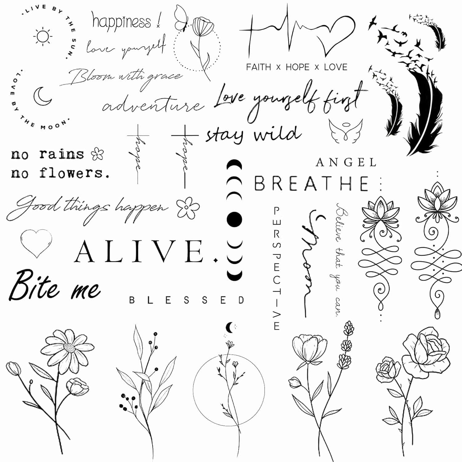 Tattoonova Realistic Temporary Tattoo 48 Designs Quote Word Tattoo Inspirational Words Tattoo Wild Flower Tattoo Floral Bouquet Tattoo for Women Girls