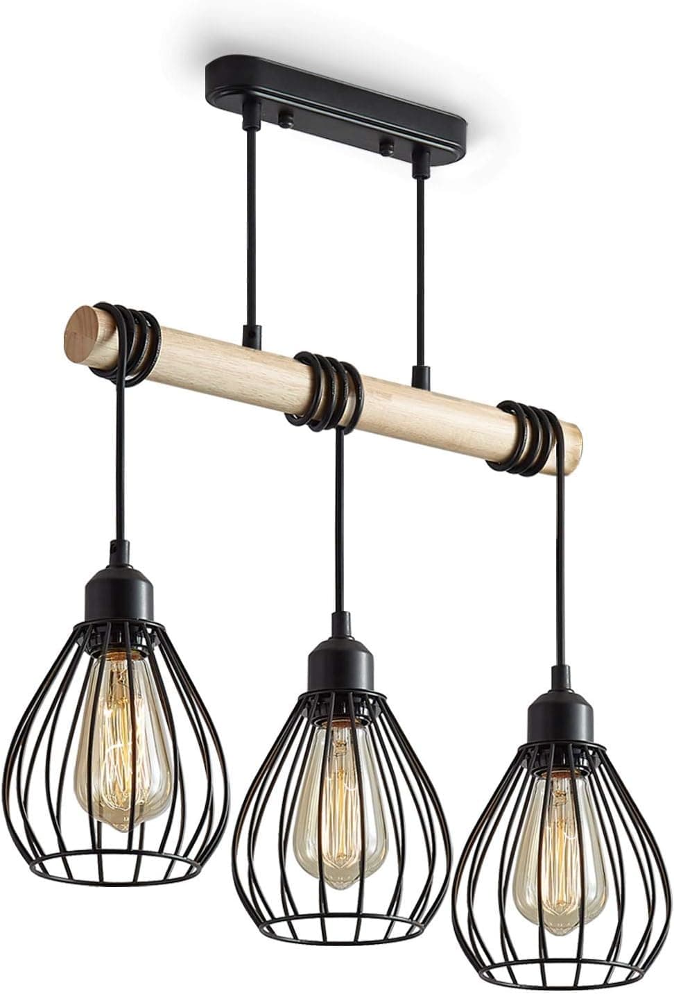 SUNVP Pendant Light Vintage Industrial Kitchen Island Ceiling Light with 3 E26 Bulb Sockets Rustic Black and Brown Wood Hanging Chandeliers for Kitchen,Bedroom,Living Room