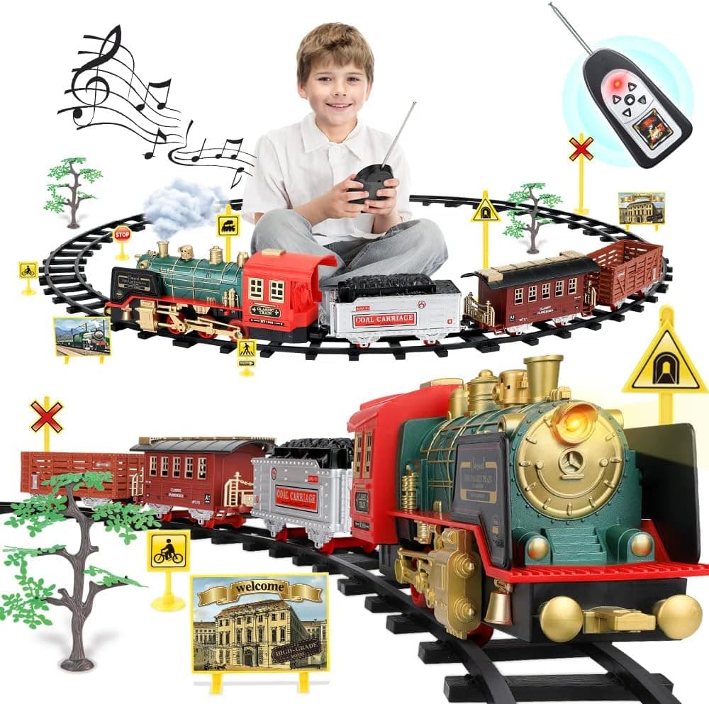Christmas Electric Train Set with Steam, Sound & Light, Remote Control Train Toys w/Steam Locomotive Engine, Cargo Cars & Tracks, Toy Train w/Rechargeable Battery for Kids Boys 3 4 5 6 7 8 Year Old