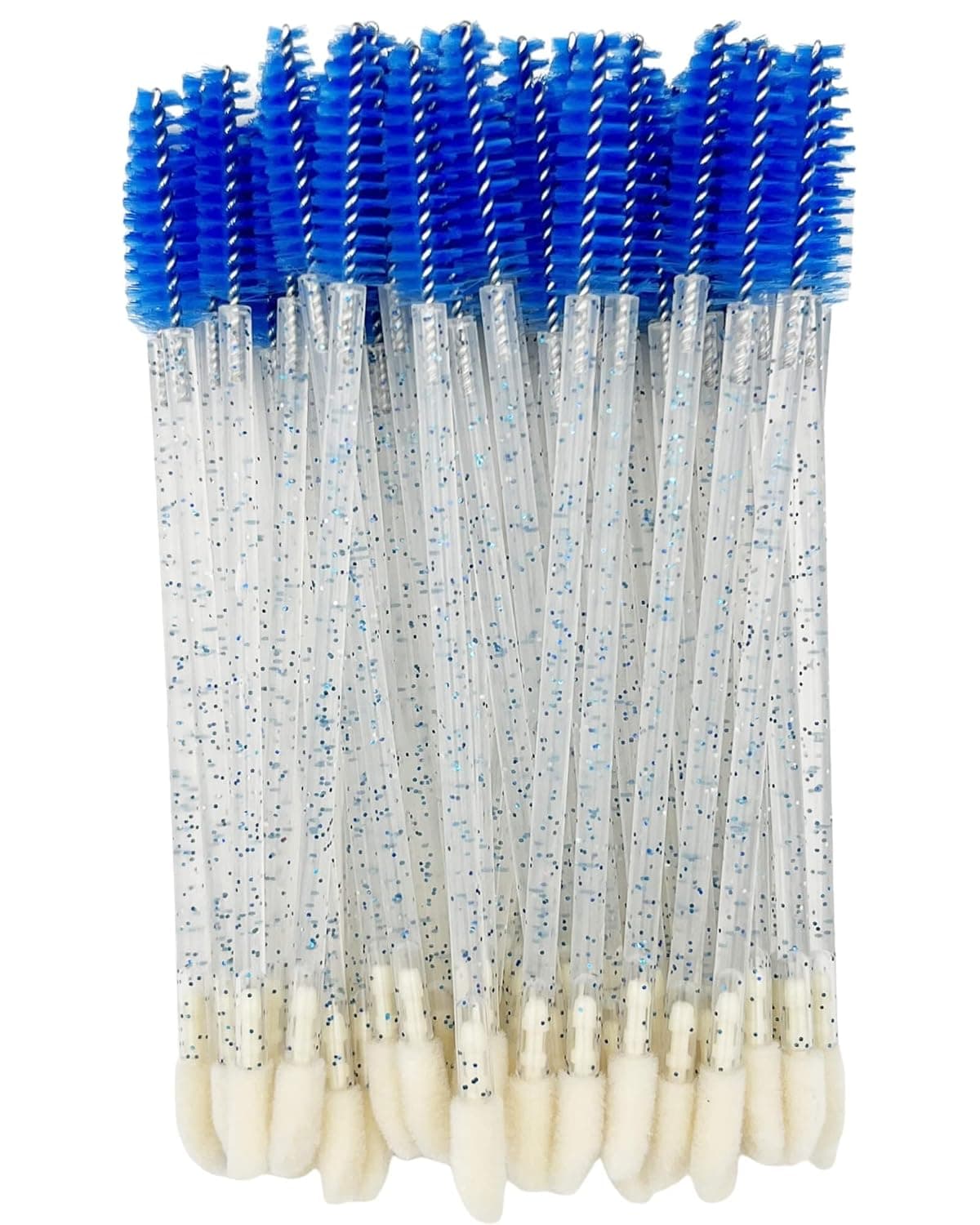 JIANYI Disposable Dual-Ended Spoolies and Lip Applicators, 50Pack 2-in-1 Mascara Wands Lip Brushes for Makeup Application (Crystal Blue)