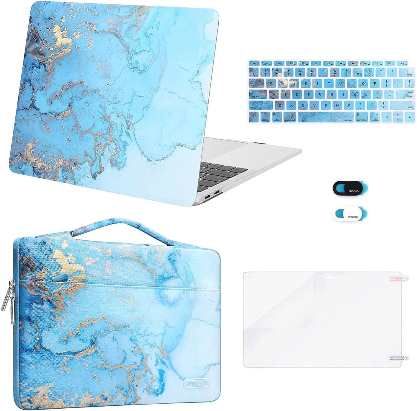 MOSISO Compatible with MacBook Air 13 inch Case 2022, 2021, 2020-2018 Release A2337 M1 A2179 A1932 Retina, Plastic Watercolor Marble Hard Case&Bag&Keyboard Skin&Webcam Cover&Screen Protector,Turquoise
