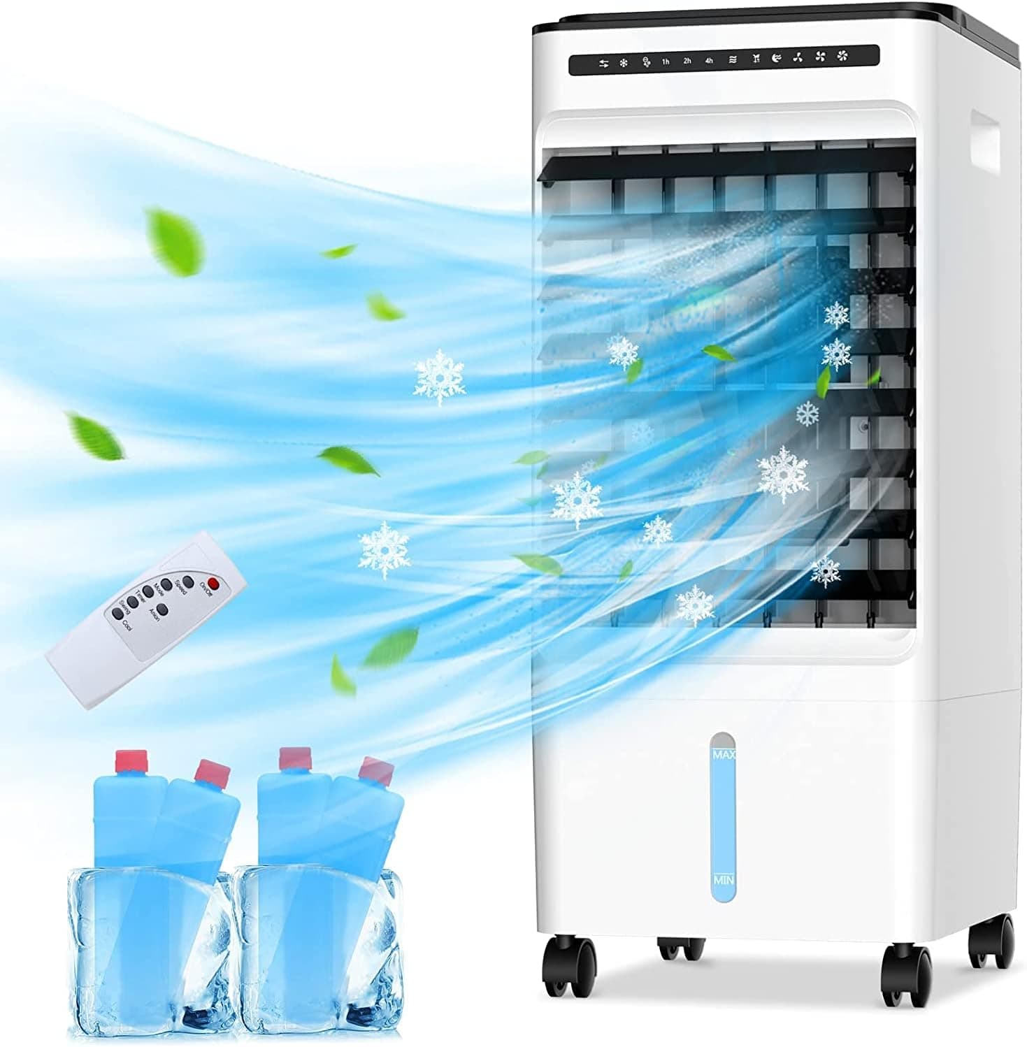 Evaporative Air Cooler, 4-IN-1 Portable Air Conditioner with 4 Modes 3 Speeds, 1.32 Gallon Water Tank, Portable Ac Unit with 7H Timer, 90°Oscillation, Remote Control & LED Screen, Ultra Quiet Swamp Cooler for Room Home Office